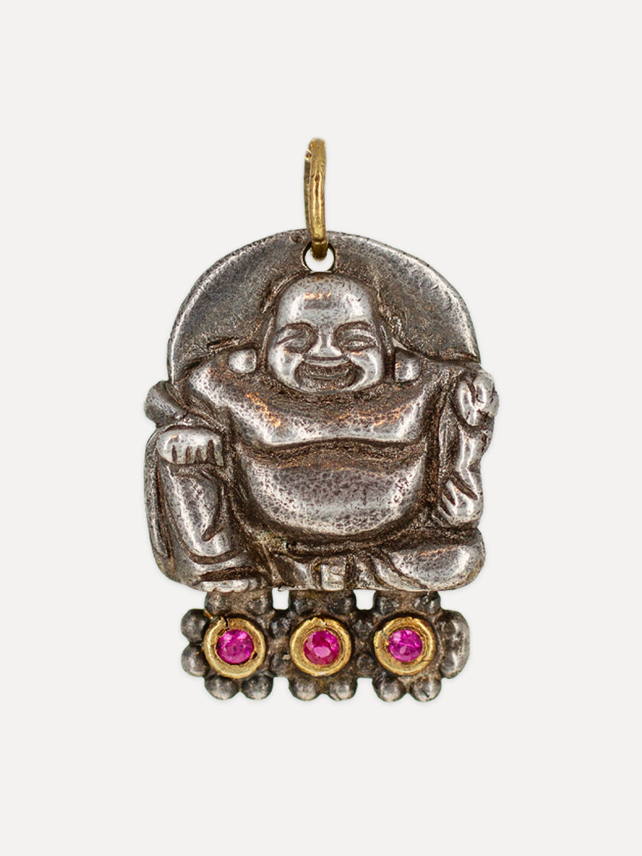 24K Gold & Silver Triple Ruby Sitting Buddha Pendant