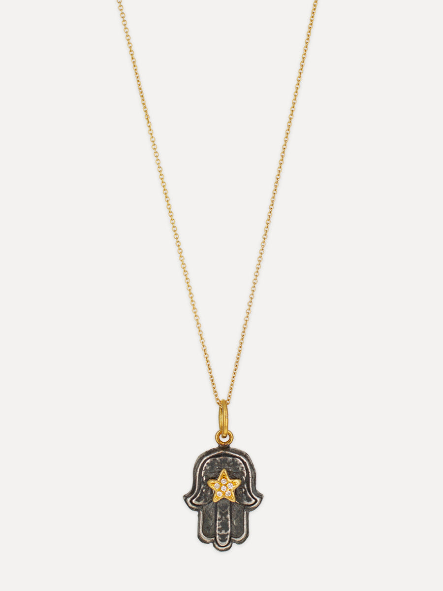 24K Gold & Silver Diamond Star & Hamsa Pendant
