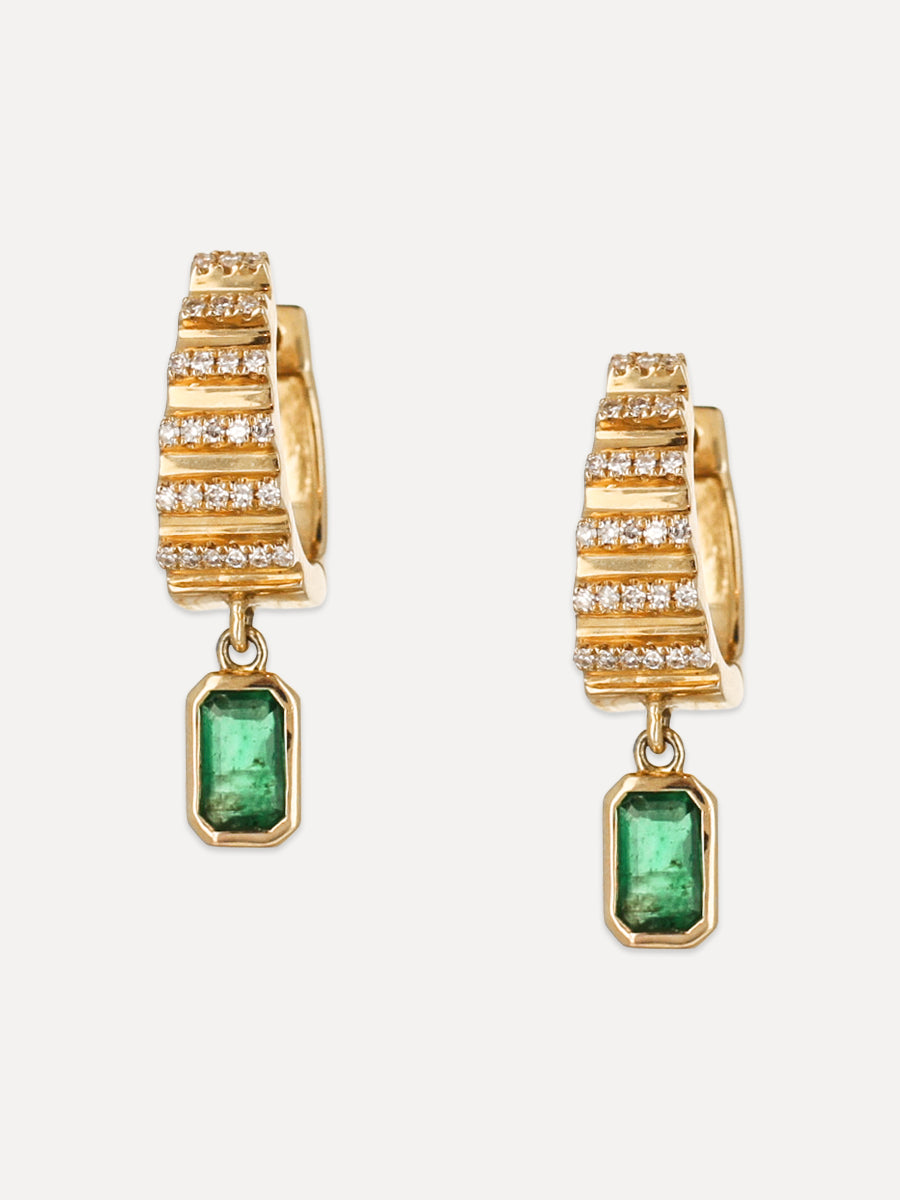 14K Diamond & Emerald Charm Huggie Hoops