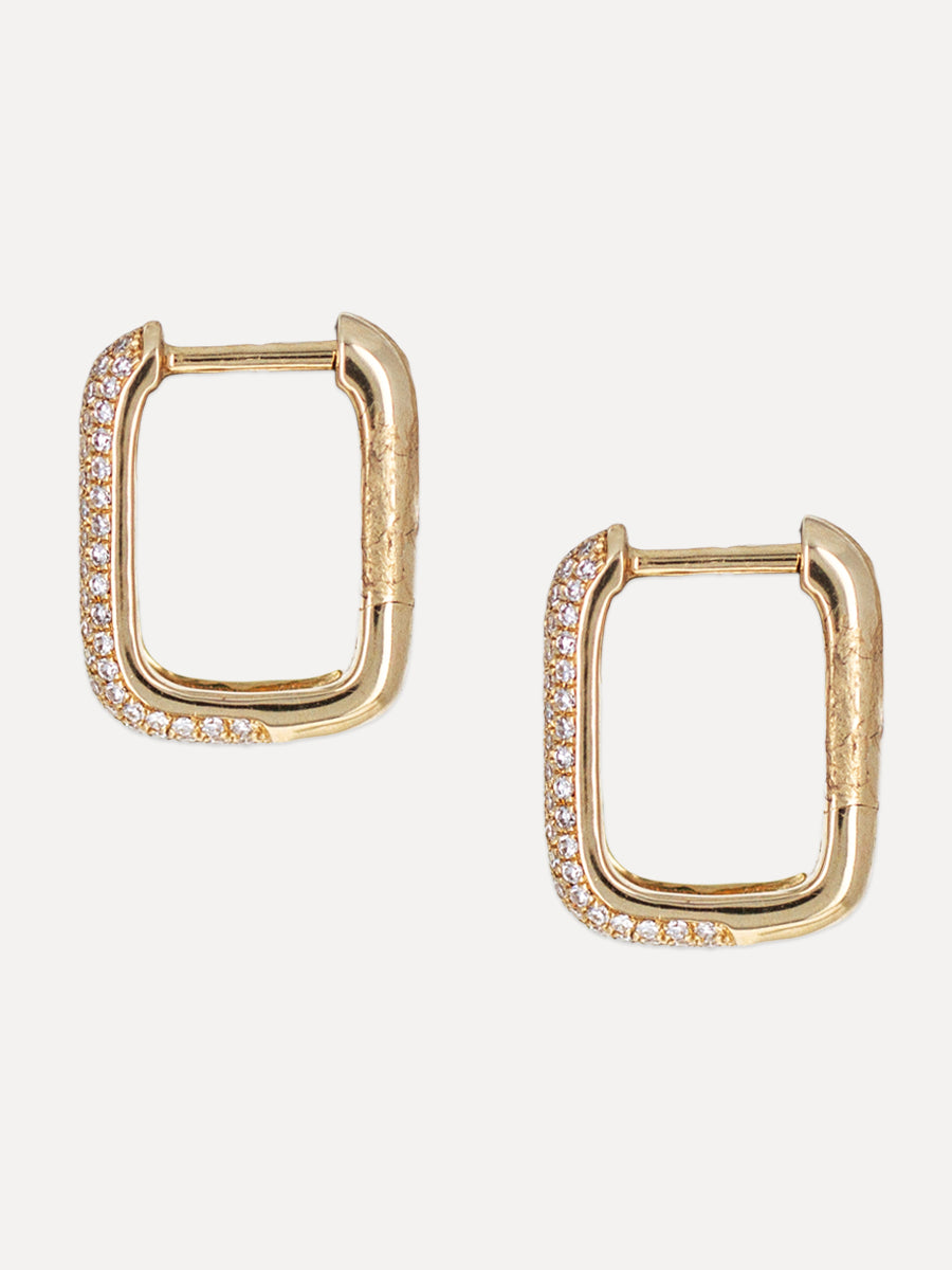 14K Wide Rectangle Pavé Diamond Hoops