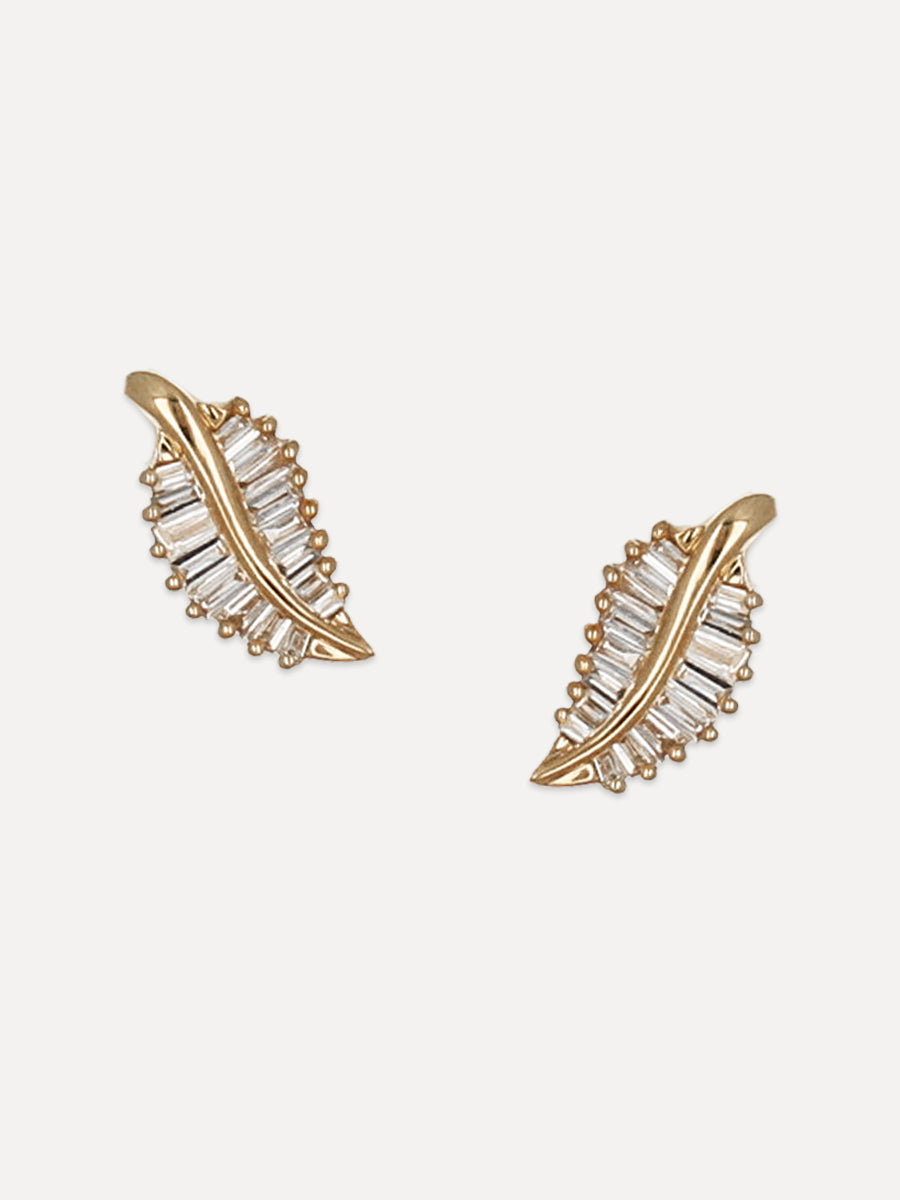 14K Baugette Diamond Leaf Studs
