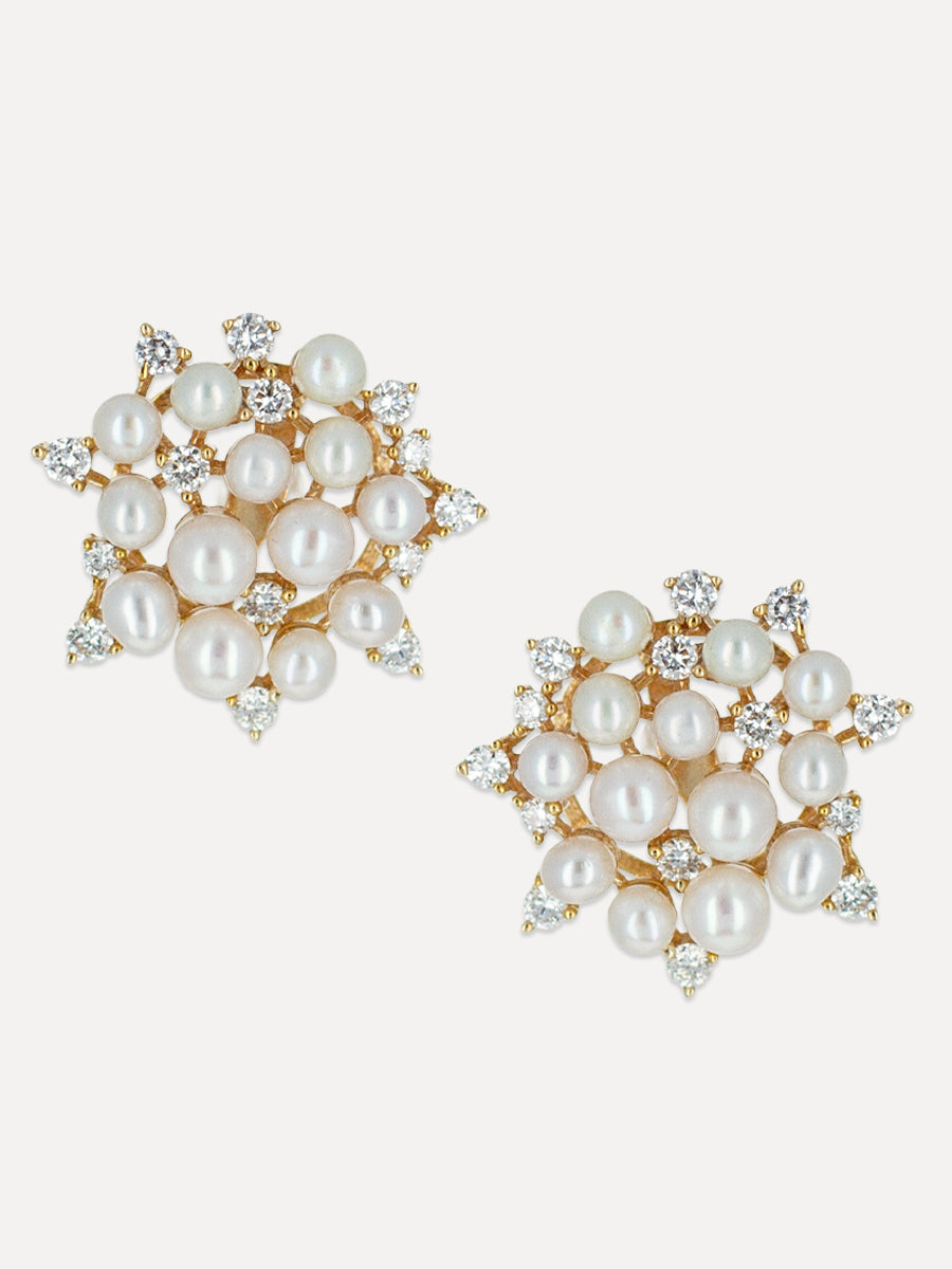 14K White Pearl & Diamond Cluster Studs