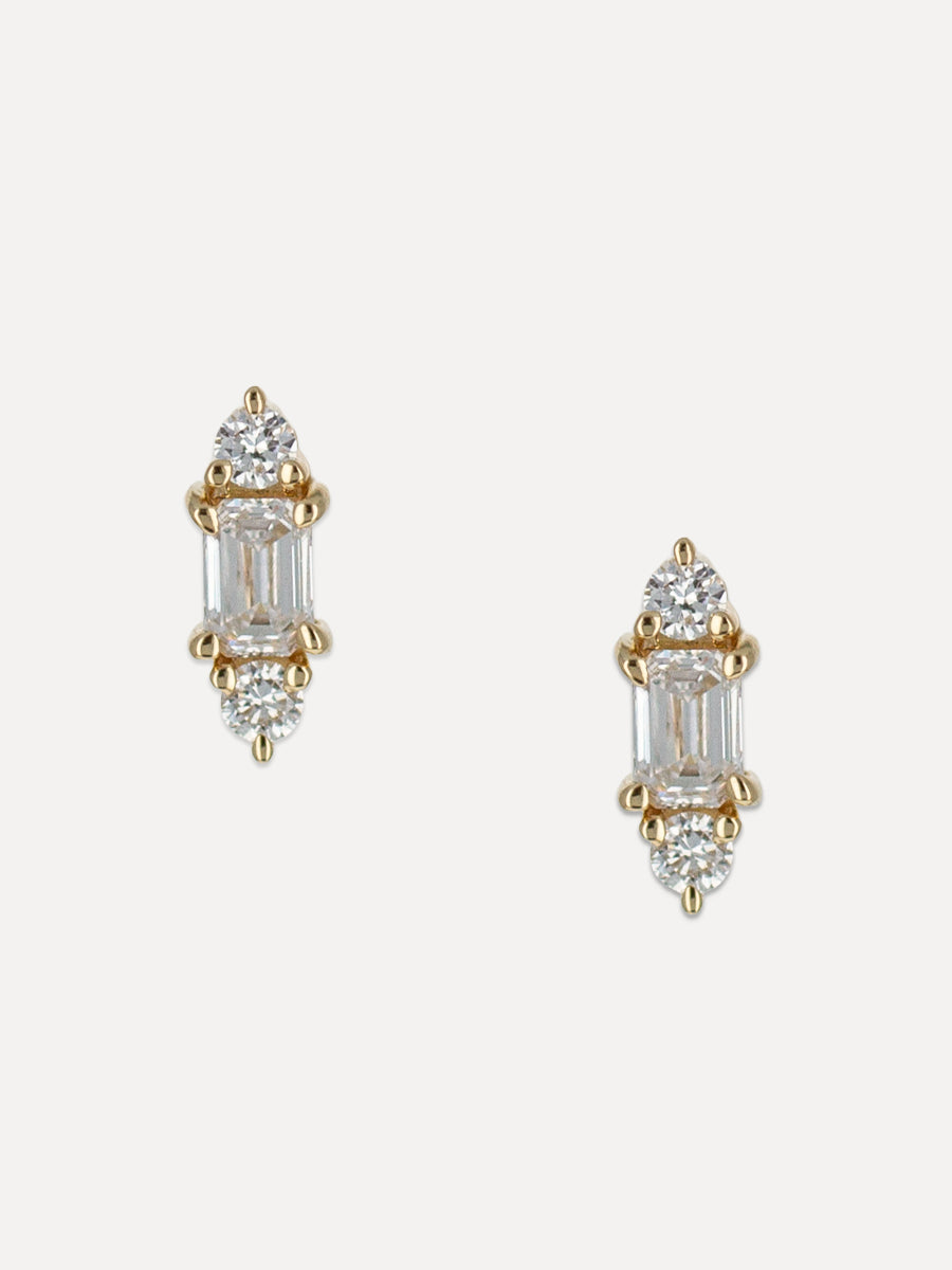 14K Baguette & Round Diamond Point Studs