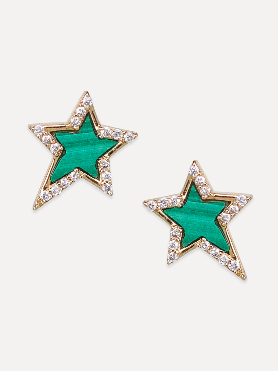14K Malachite & Diamond Halo Star Studs