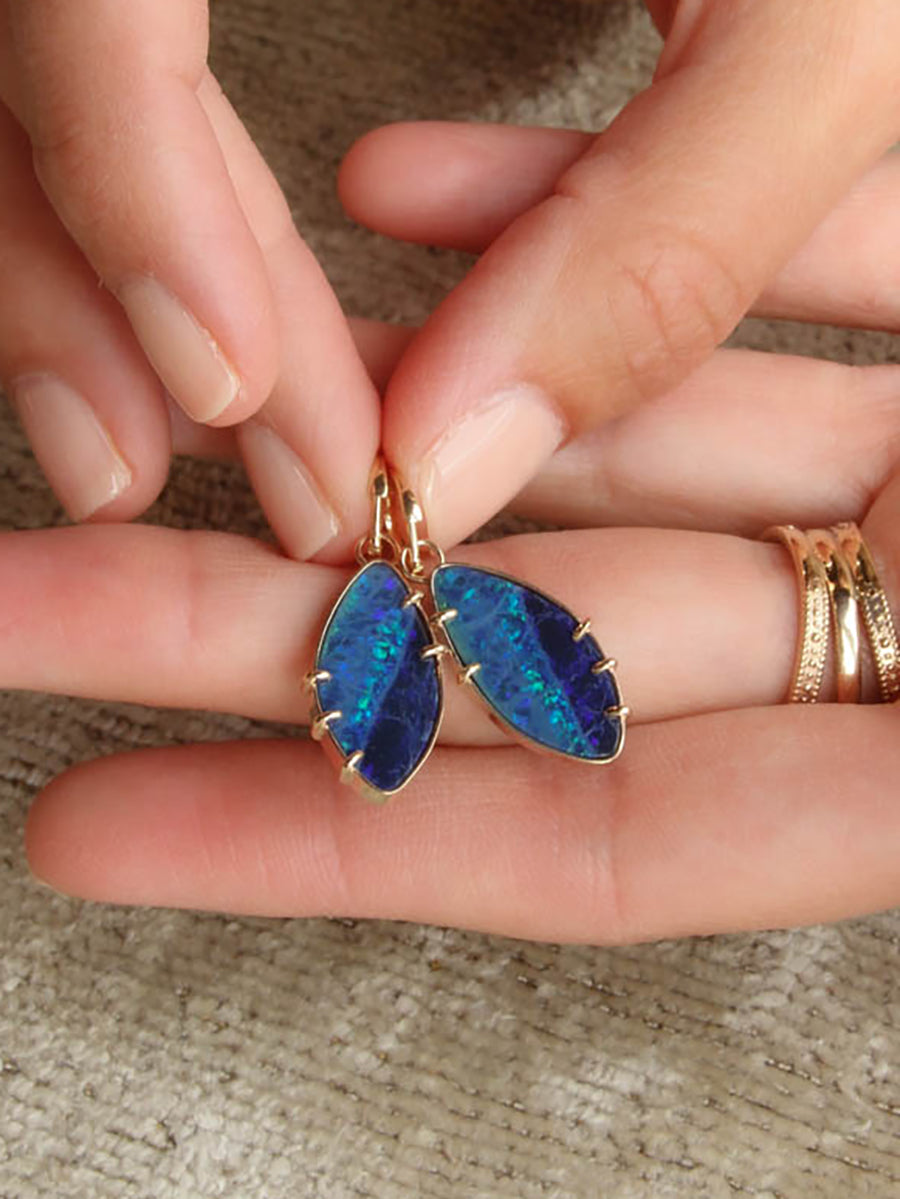 14K Chroma Australian Opal Pointed Charm Hoops