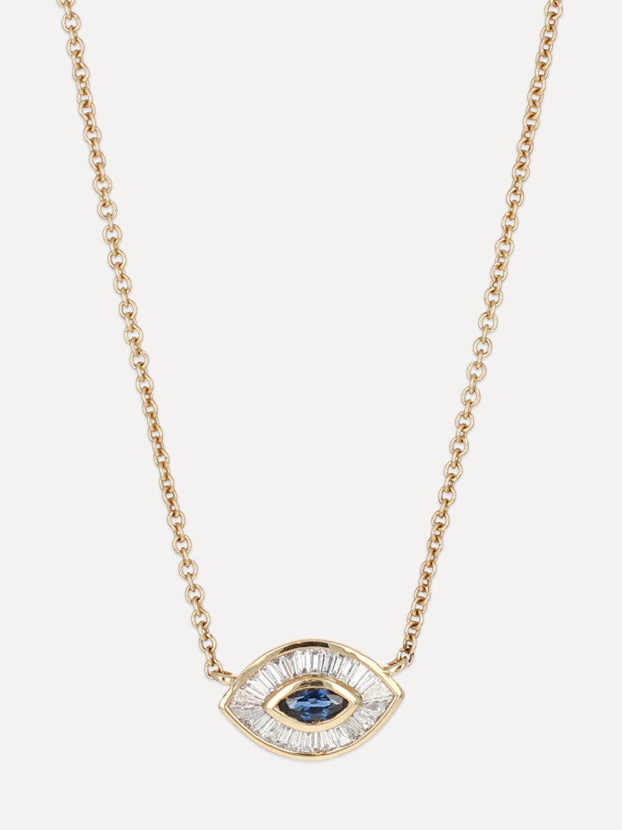 14K Eye Blue Sapphire & Baguette Diamond Necklace