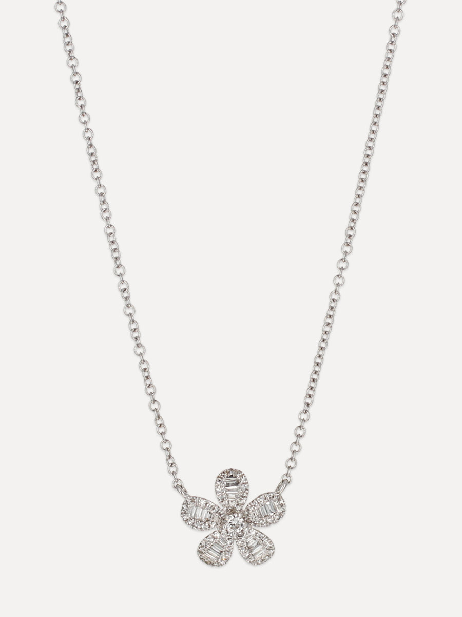 14K Flower Baguette Diamond Necklace
