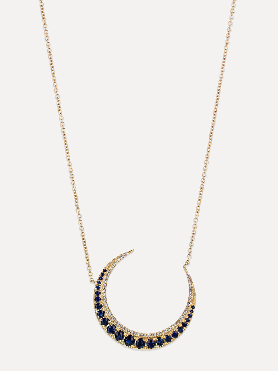 14K Crescent Moon Blue Sapphire & Pavé Diamond Necklace