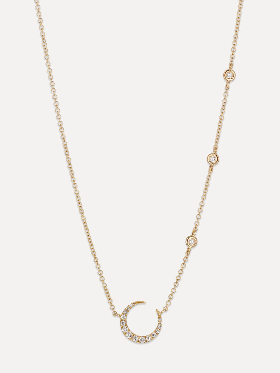 14K Diamond Crescent Round Station Necklace