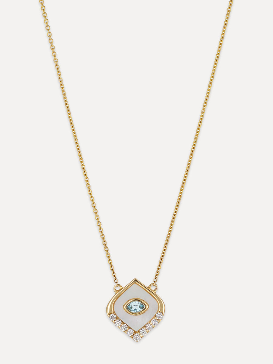 18K Shield Diamond, Mother Of Pearl & Blue Topaz Necklace