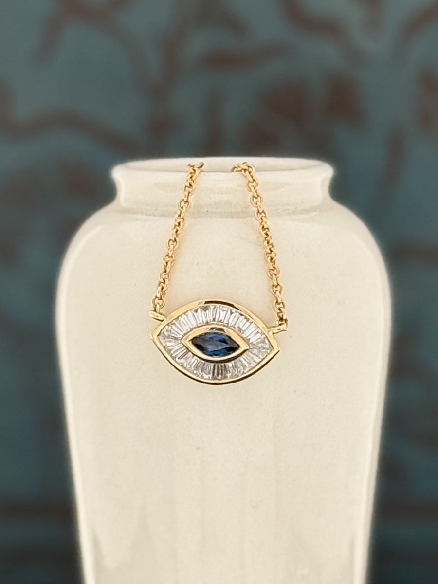 14K Eye Blue Sapphire & Baguette Diamond Necklace