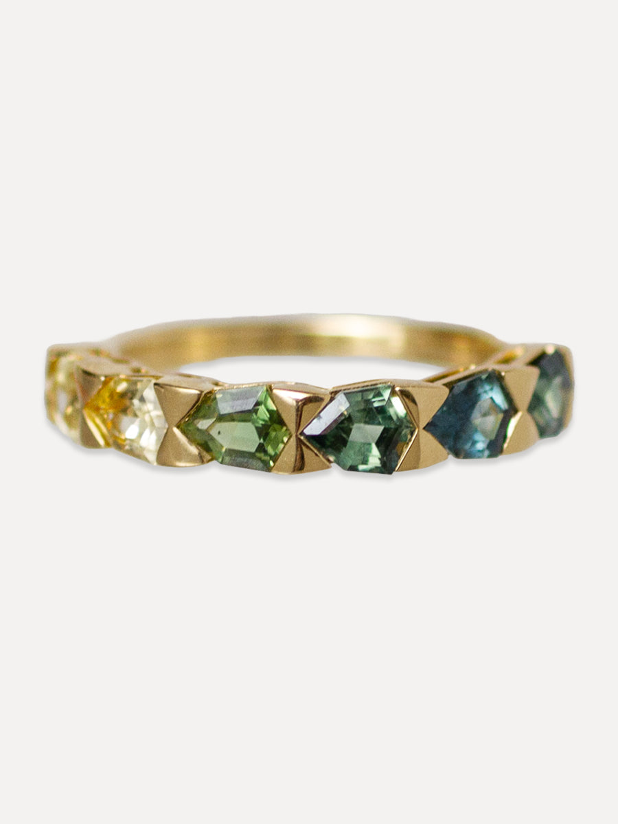 18K East-West Shield Rainbow Sapphire Stacking Ring