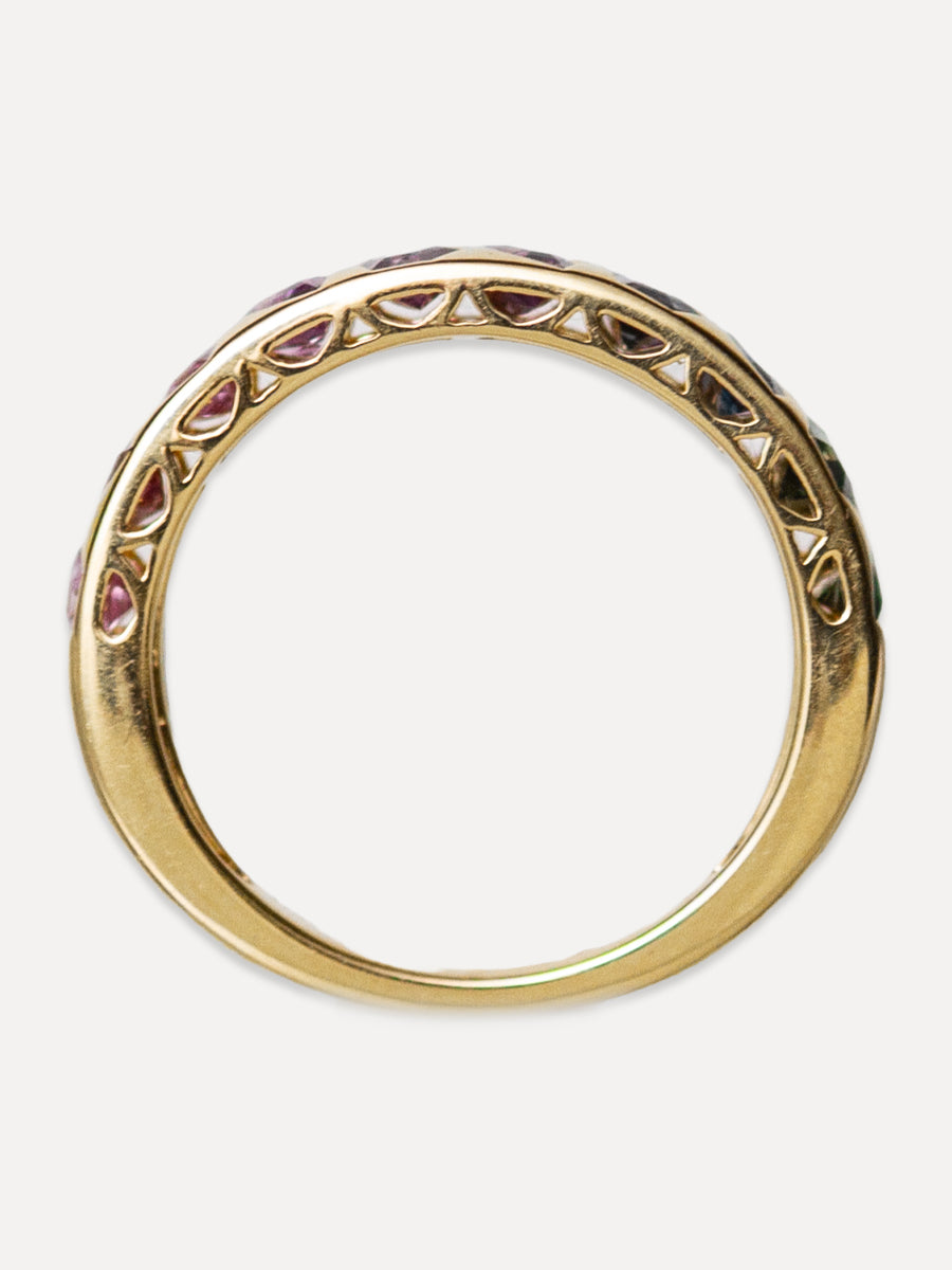 18K Floating Shield Rainbow Sapphire Stacking Ring
