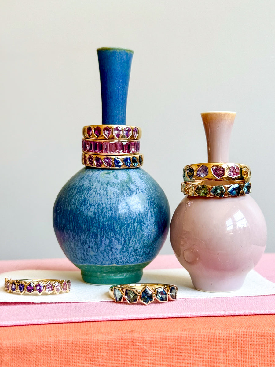 18K Deco Baguette Channel-Set Pink Sapphire Stacking Ring