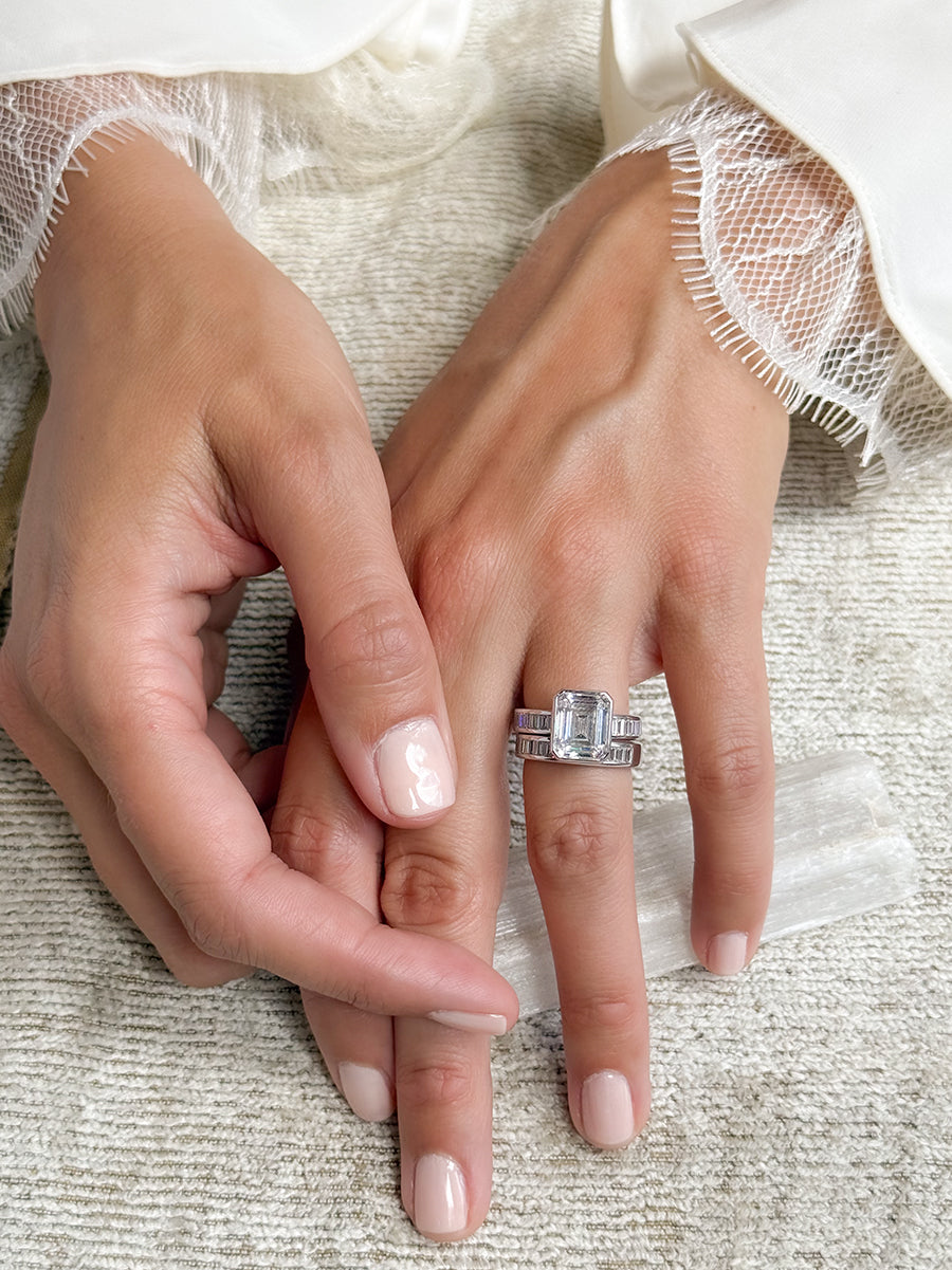 18K Emerald-Cut & Baguette Diamond Band Engagement Ring