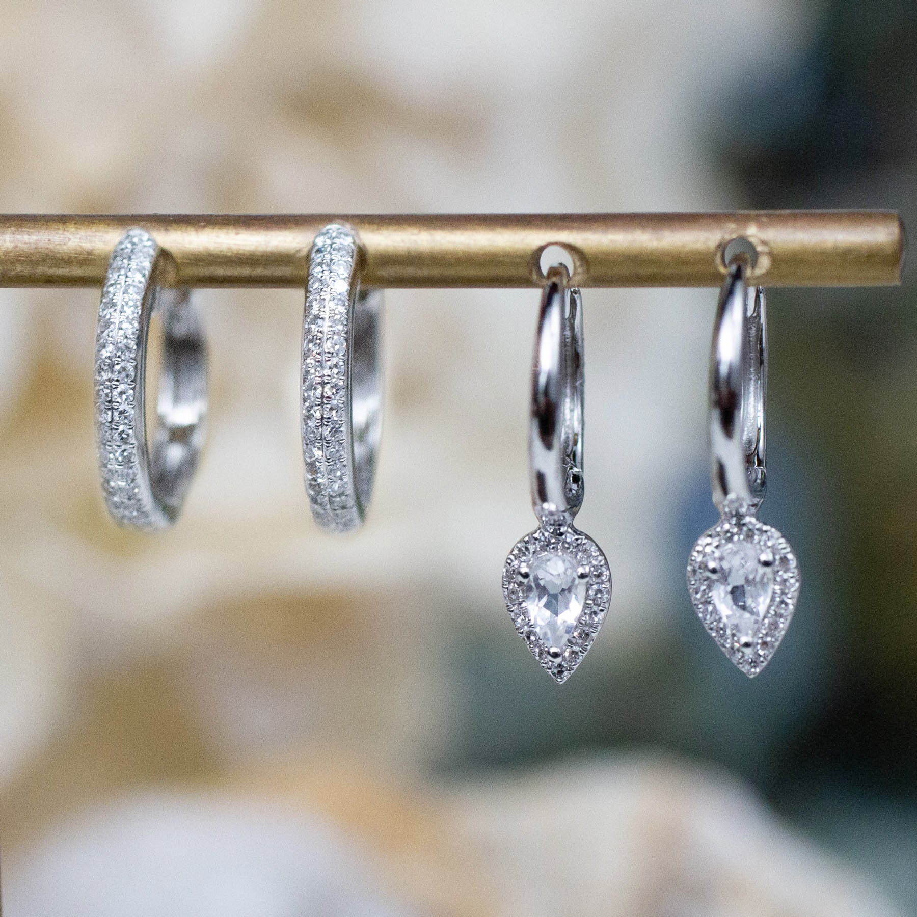 14K Diamond & White Topaz Teardrop Huggie Hoops