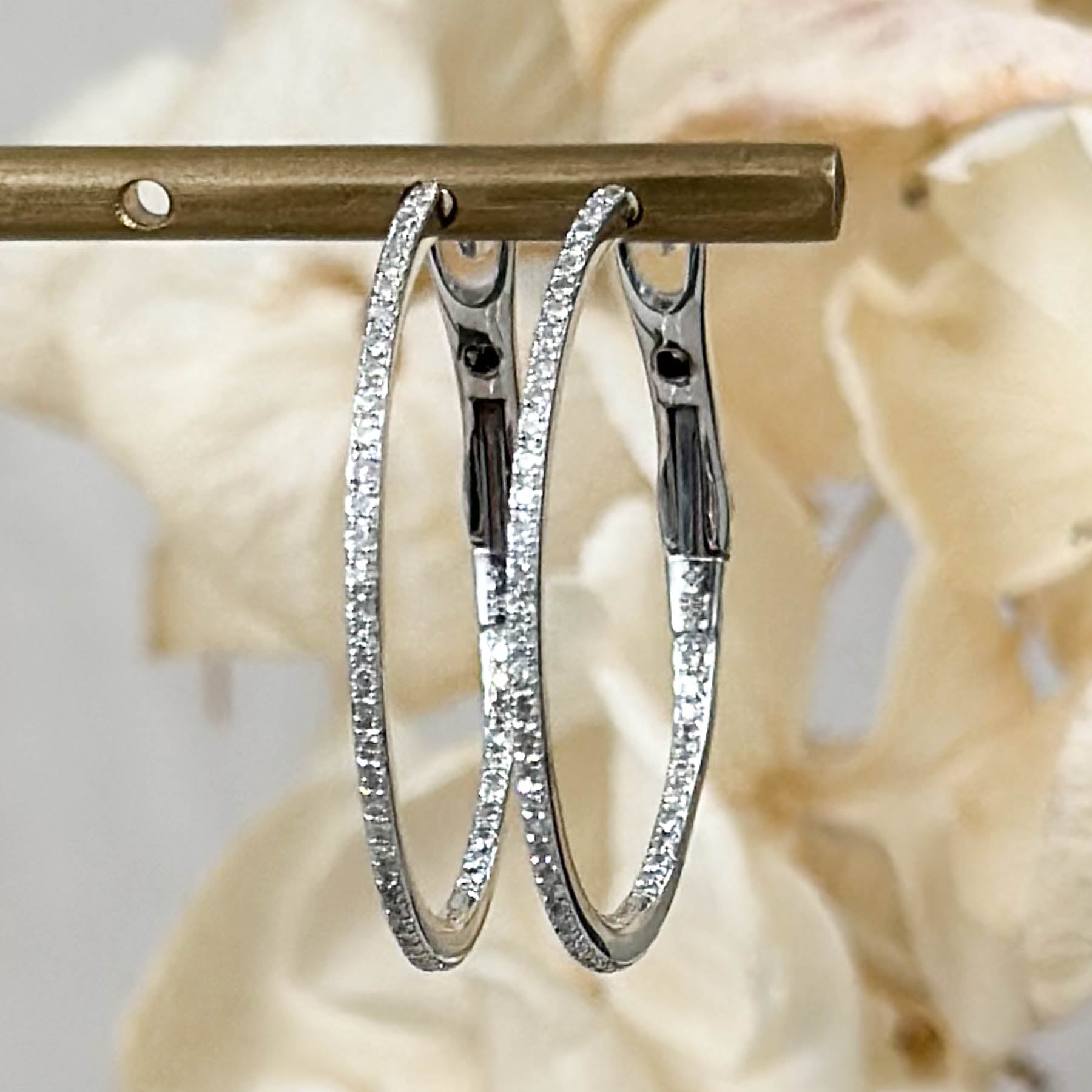 14K Diamond Thin Round Hoops - 1 Inch