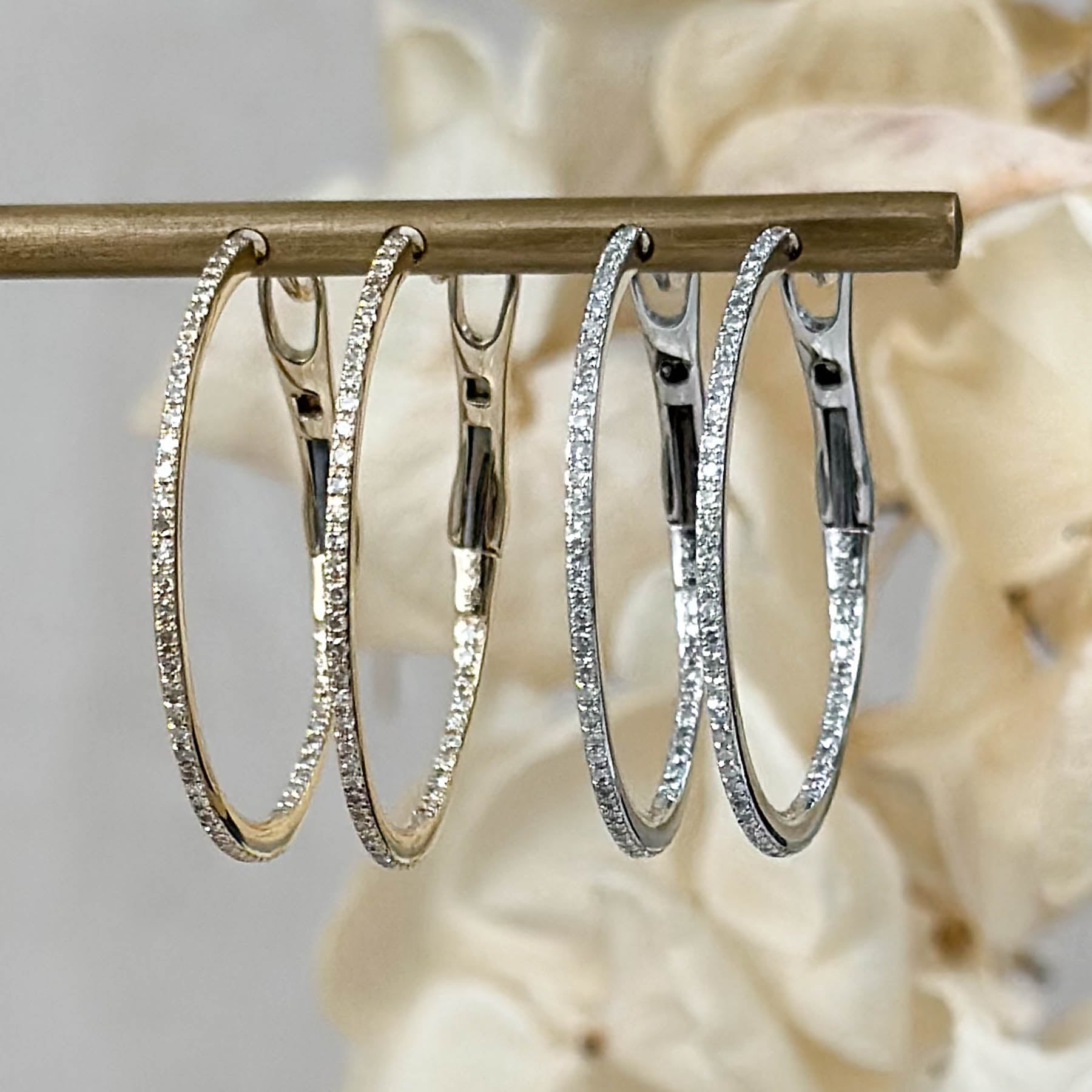 14K Diamond Thin Round Hoops - 1 Inch