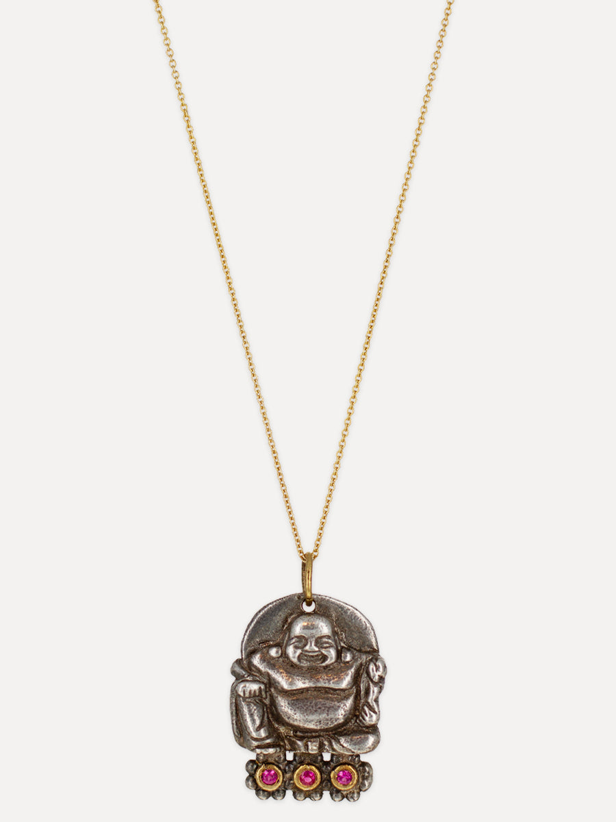 24K Gold & Silver Triple Ruby Sitting Buddha Pendant