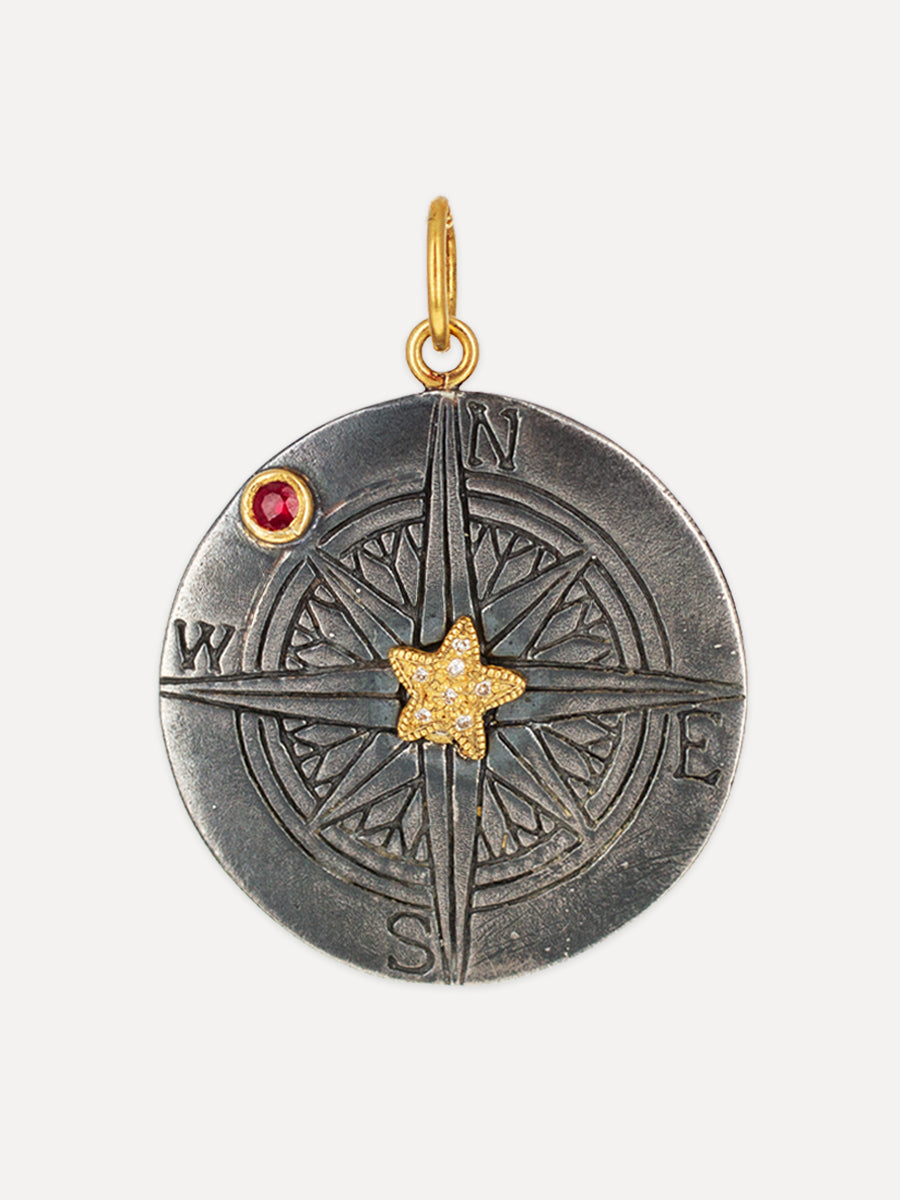 24K Gold & Silver Diamond & Ruby Compass Coin Charm