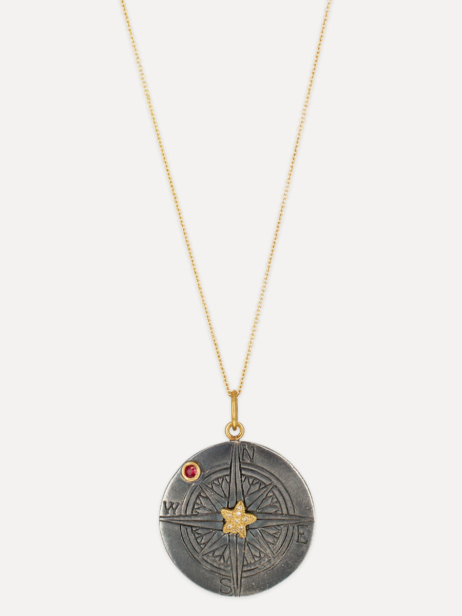 24K Gold & Silver Diamond & Ruby Compass Coin Charm