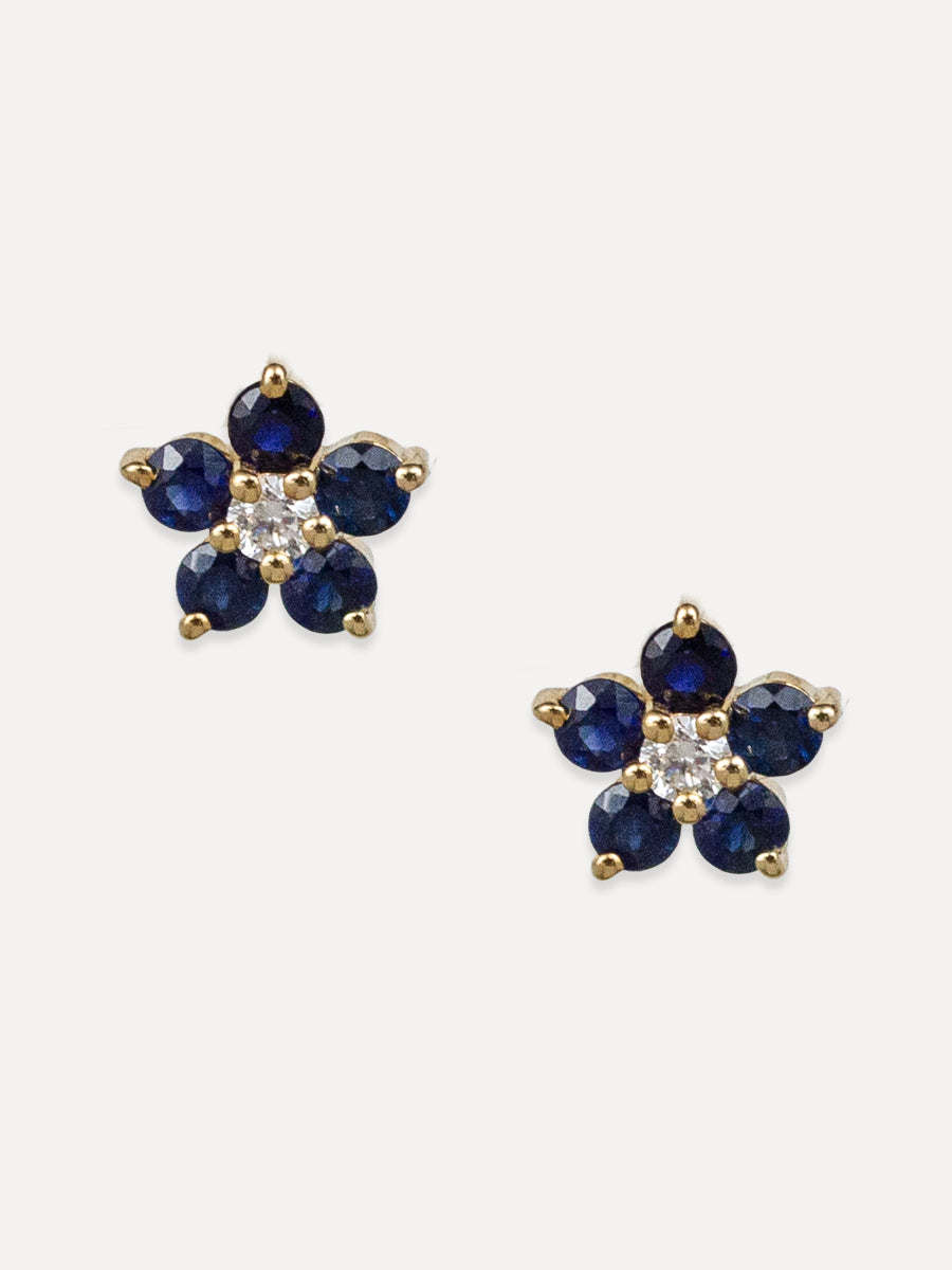14K Blue Sapphire & Diamond Flower Studs
