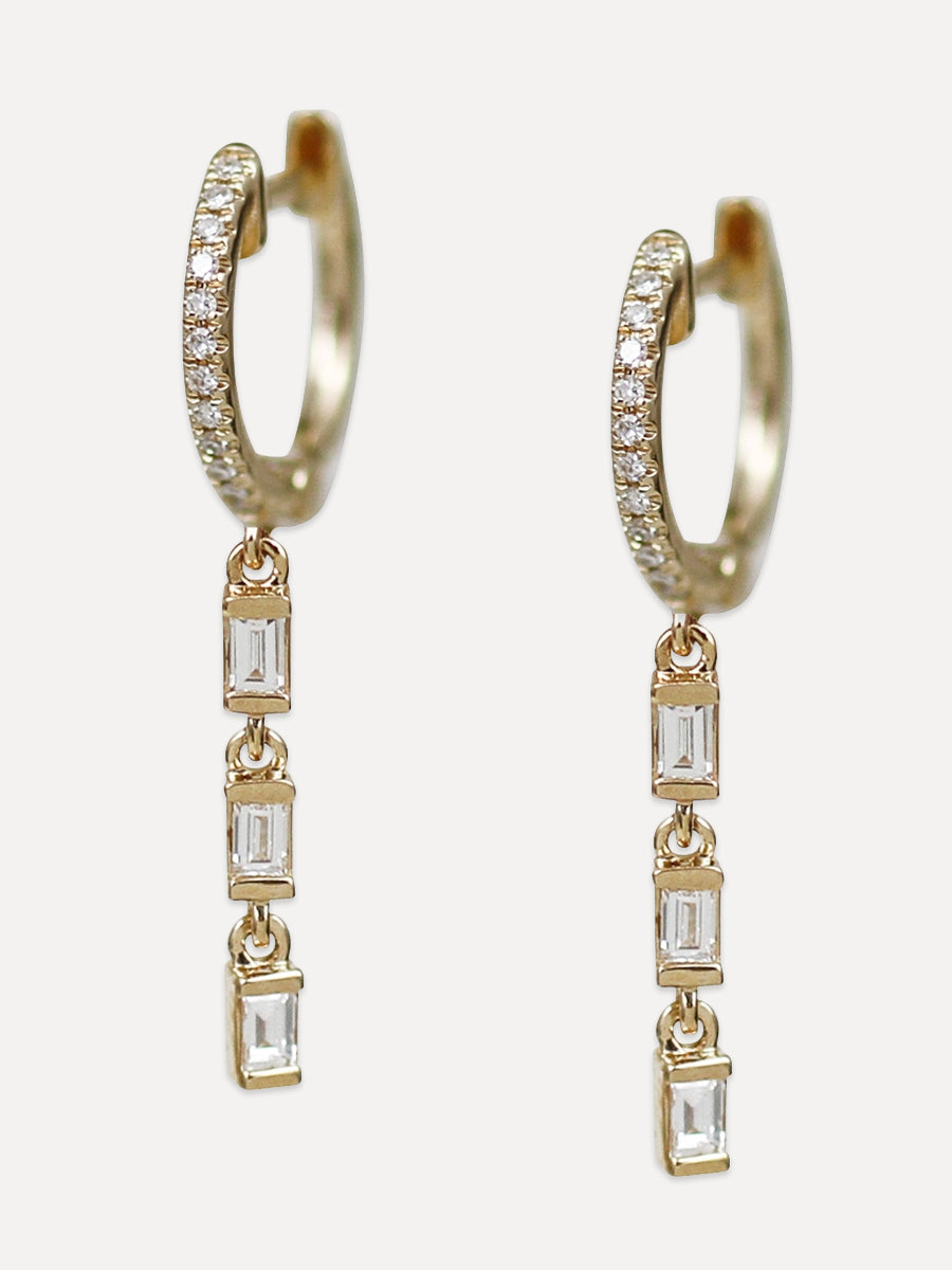 14K Baguette Diamond Tassel Huggie Hoops