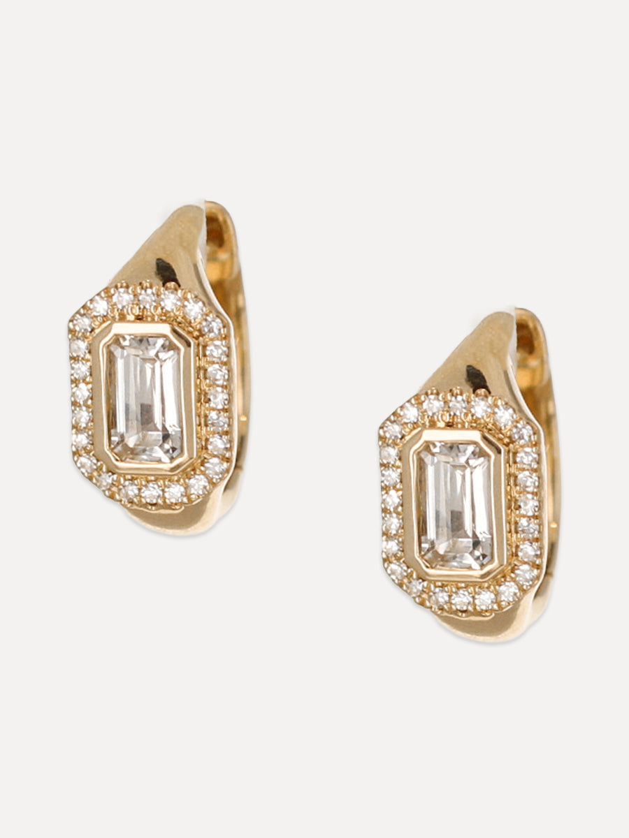 14K Diamond & White Topaz Deco Huggie Hoops