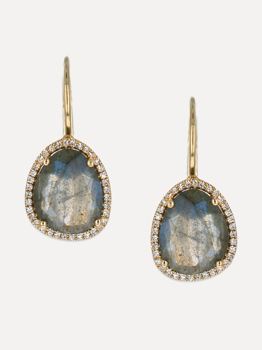 14K Labradorite & Diamond Halo Leverback Earrings
