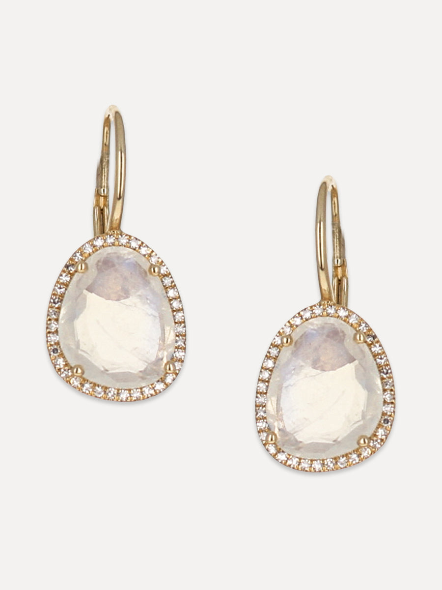 14K Moonstone & Diamond Halo Leverback Earrings