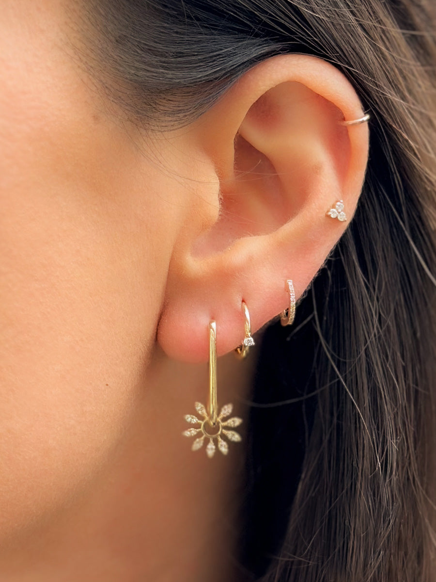 14K Diamond Flower Charms On Elongated Hoops