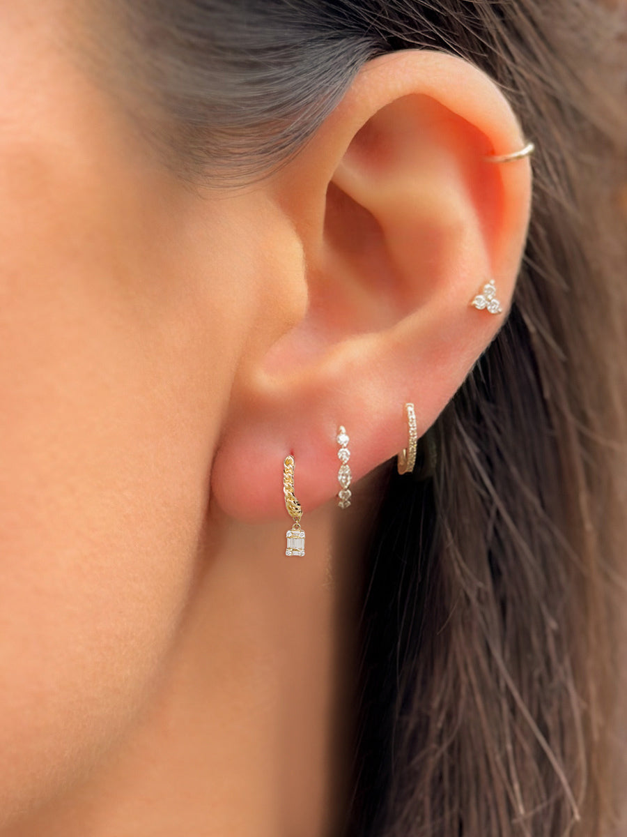 14K Baguette Diamond Drop Textured Hoops