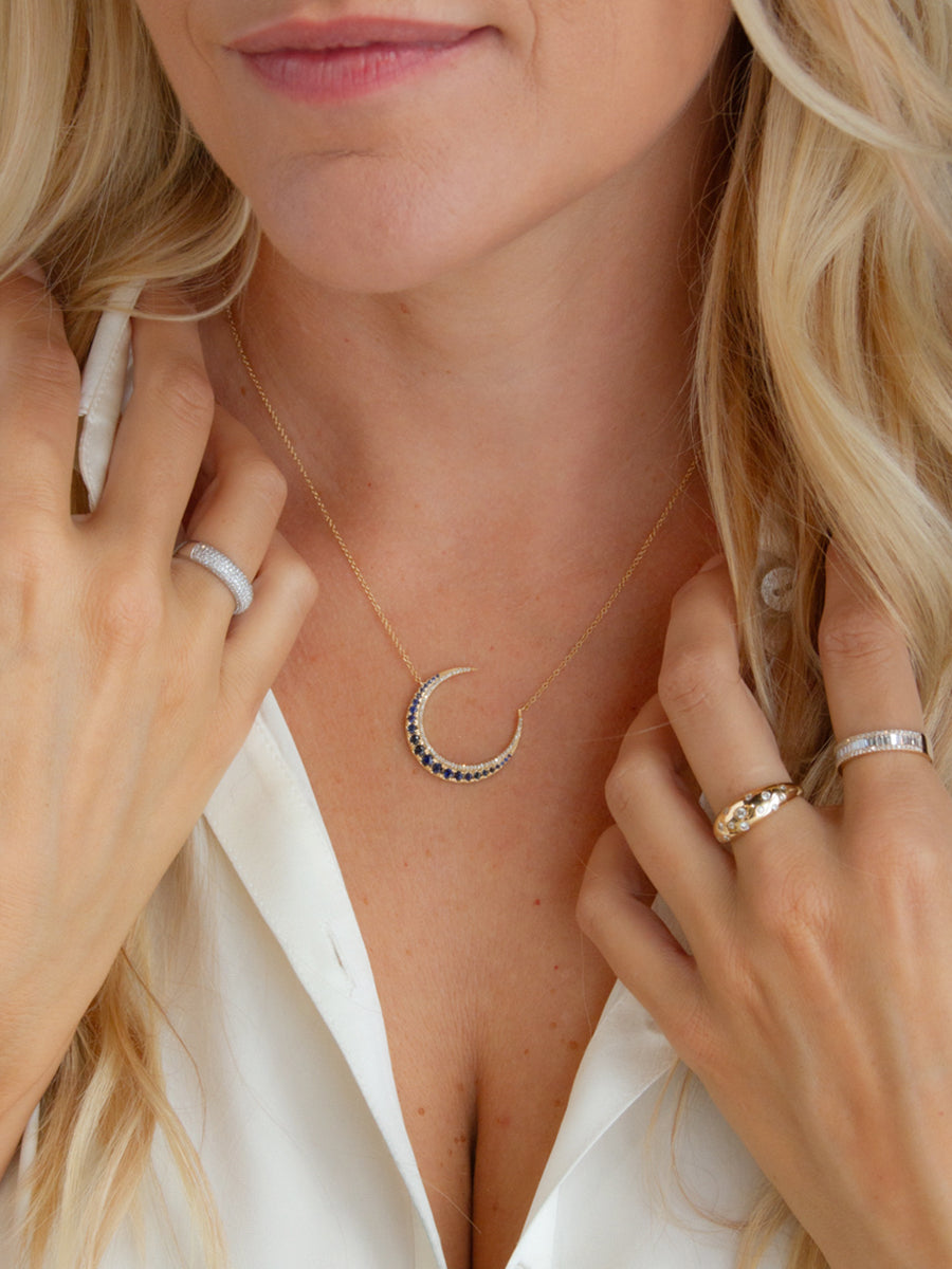 14K Crescent Moon Blue Sapphire & Pavé Diamond Necklace