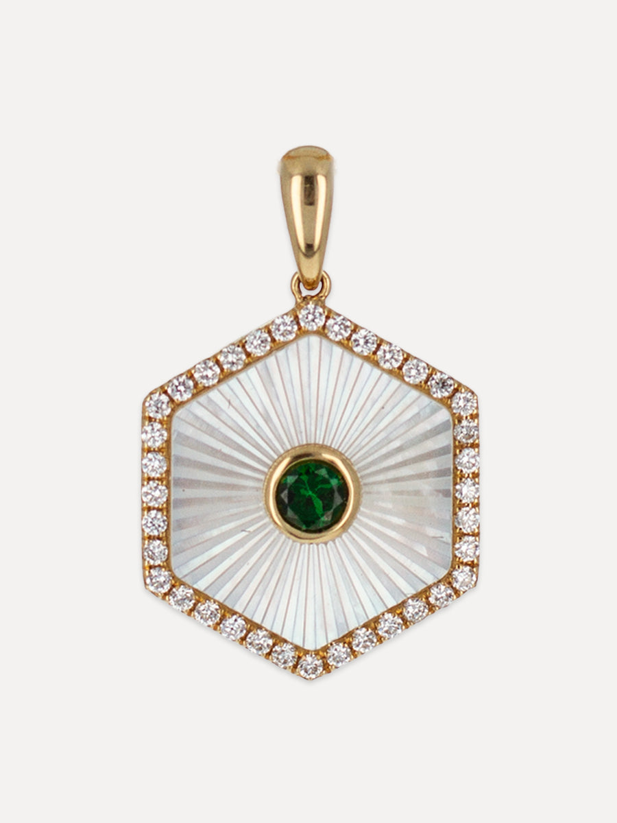 18K Tsavorite & Mother Of Pearl Hexagon Charm