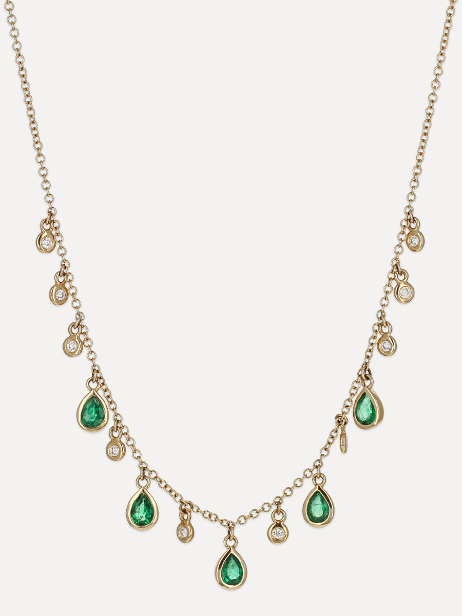 14K Teardrop & Round Charm Emerald & Diamond Necklace