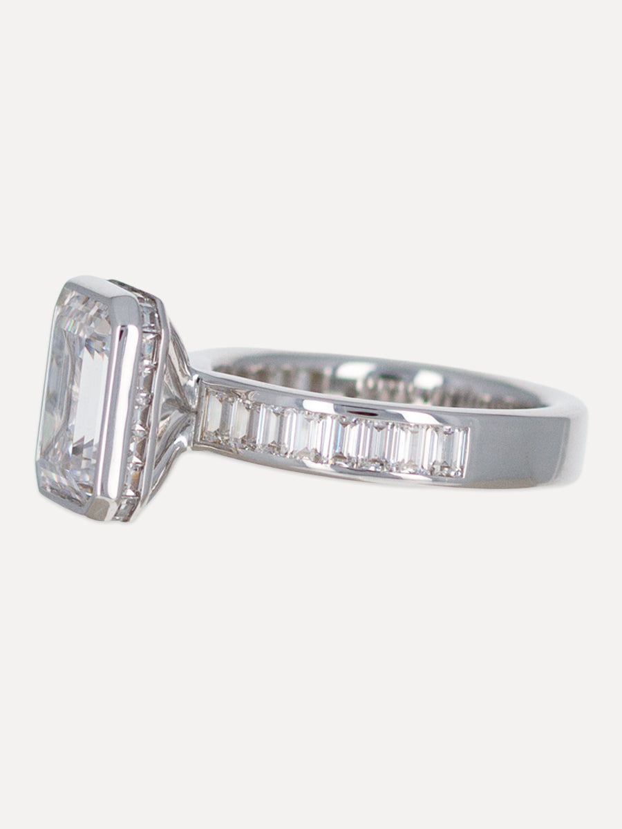 18K Emerald-Cut & Baguette Diamond Band Engagement Ring