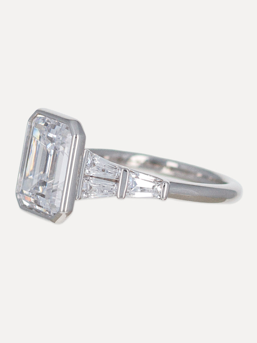 18K Emerald-Cut & Tapered Diamonds Engagement Ring
