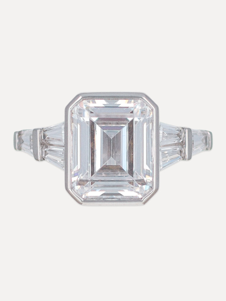 18K Emerald-Cut & Tapered Diamonds Engagement Ring