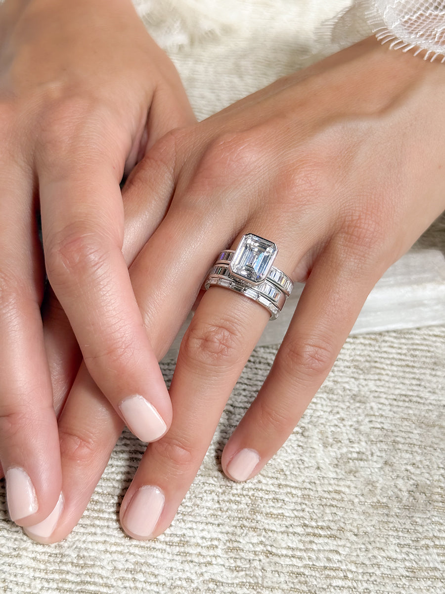 18K Emerald-Cut & Baguette Diamond Band Engagement Ring