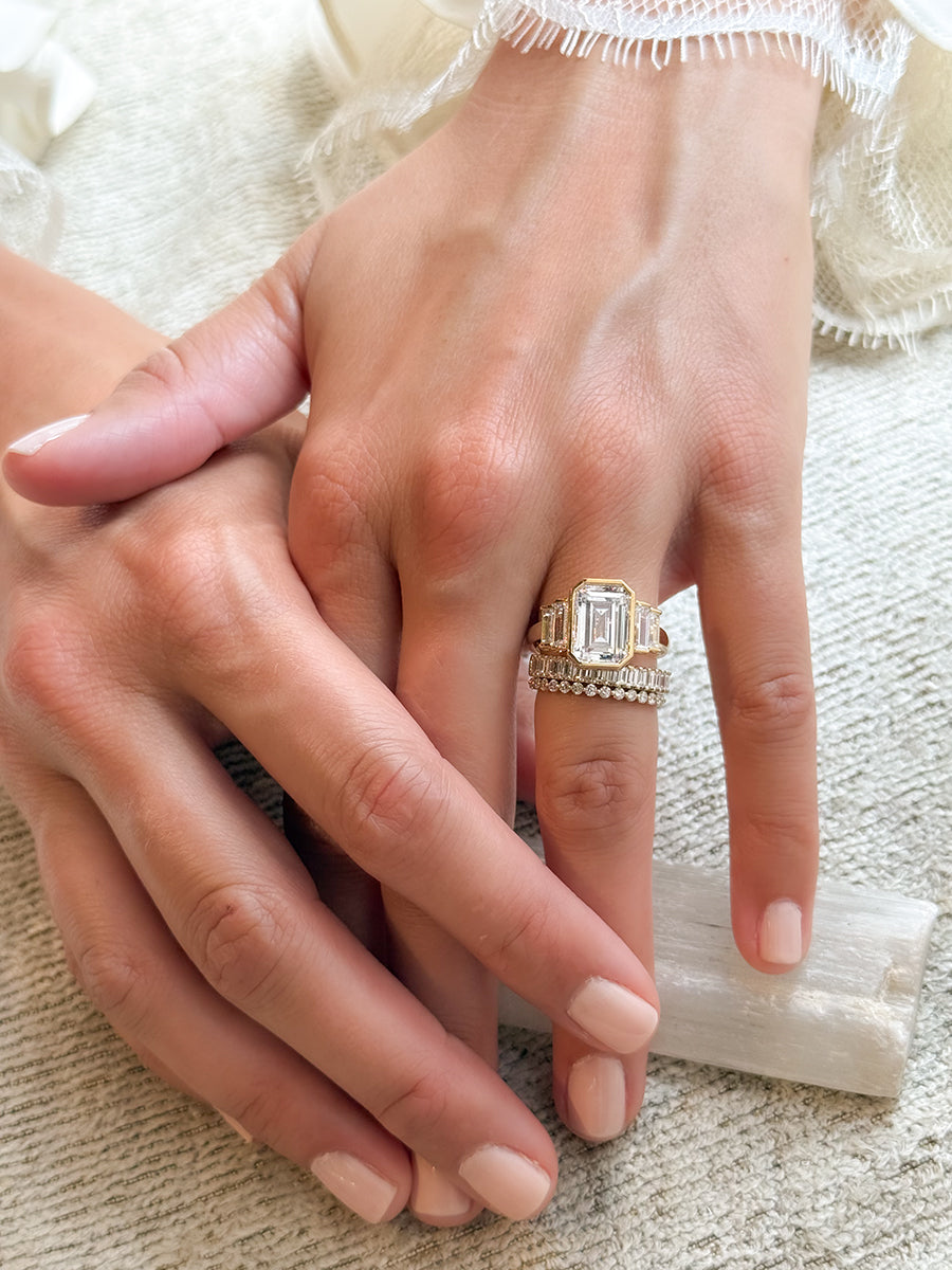 18K Emerald-Cut Diamond Nine Stone Engagement Ring