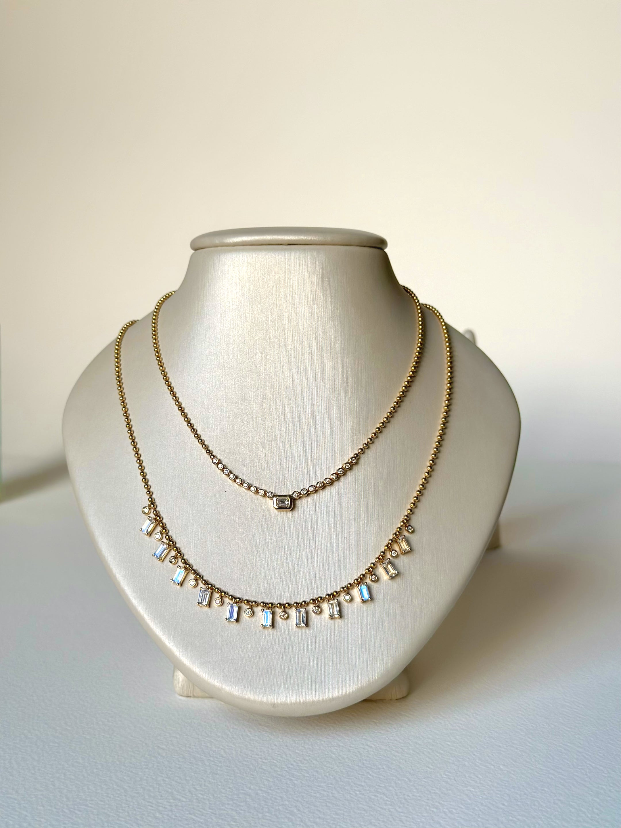 14K Moonstone Diamond Ball Chain Necklace