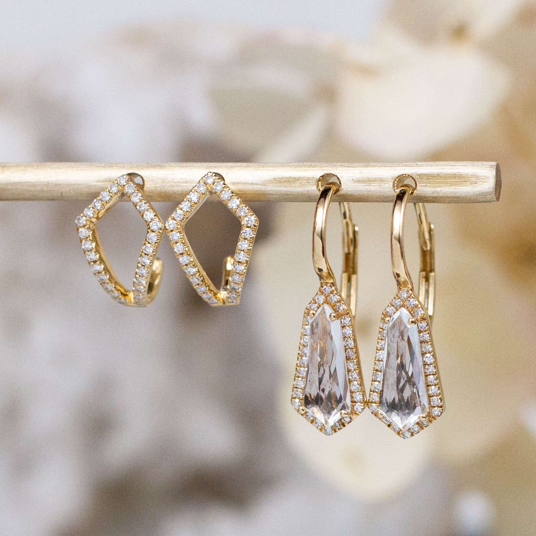 14K Diamond & White Topaz Geometric Huggie Hoops