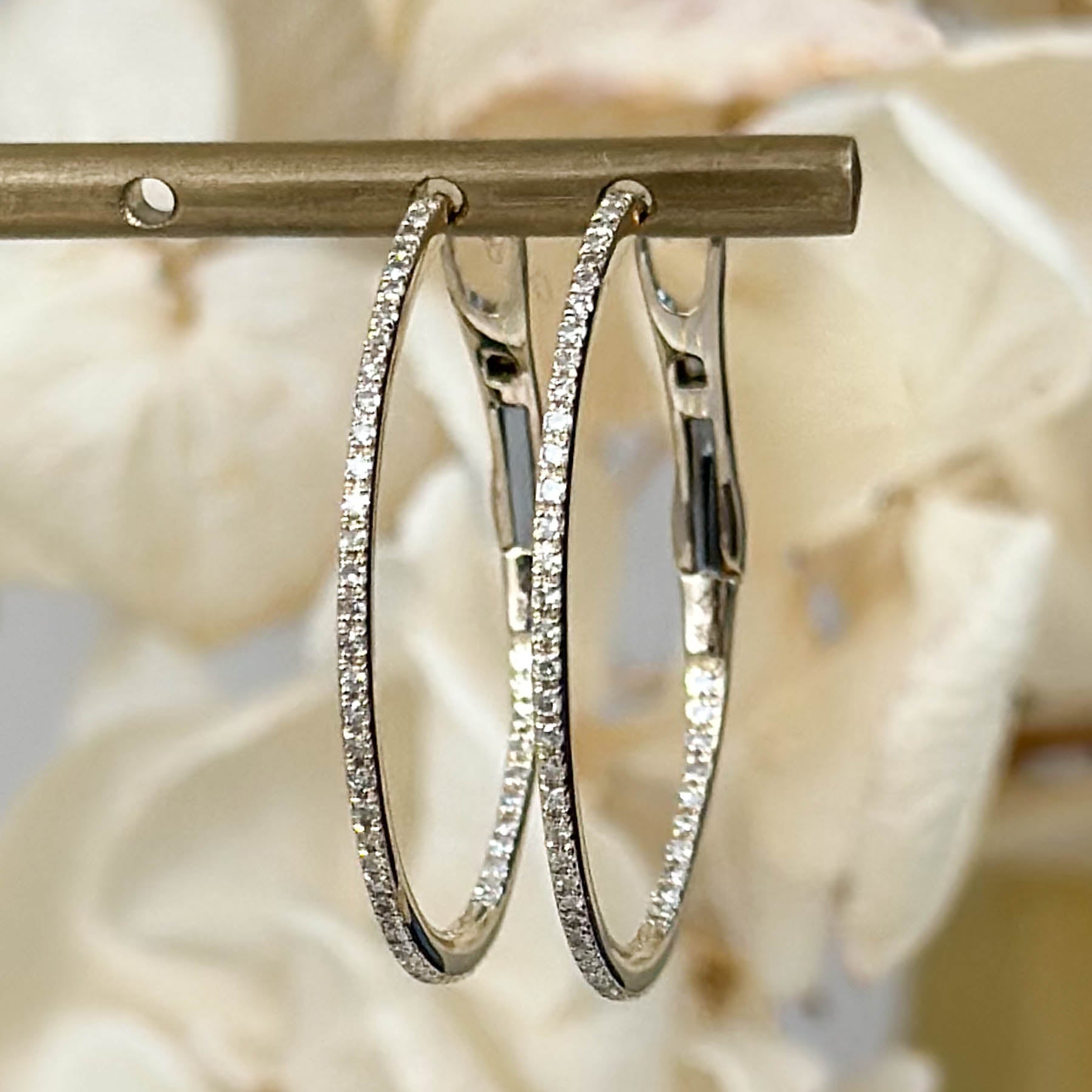 14K Diamond Thin Round Hoops - 1 Inch