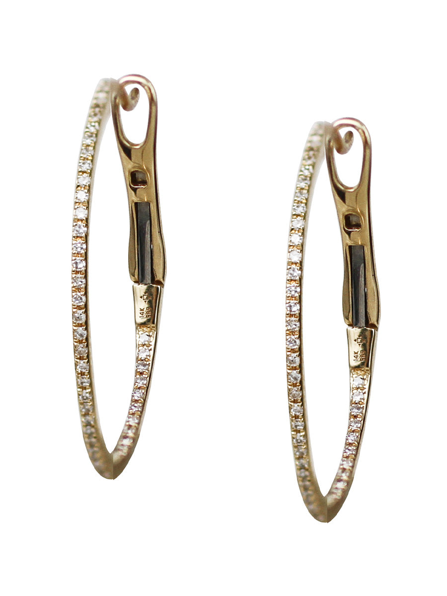 14K Diamond Thin Round Hoops - 1 Inch