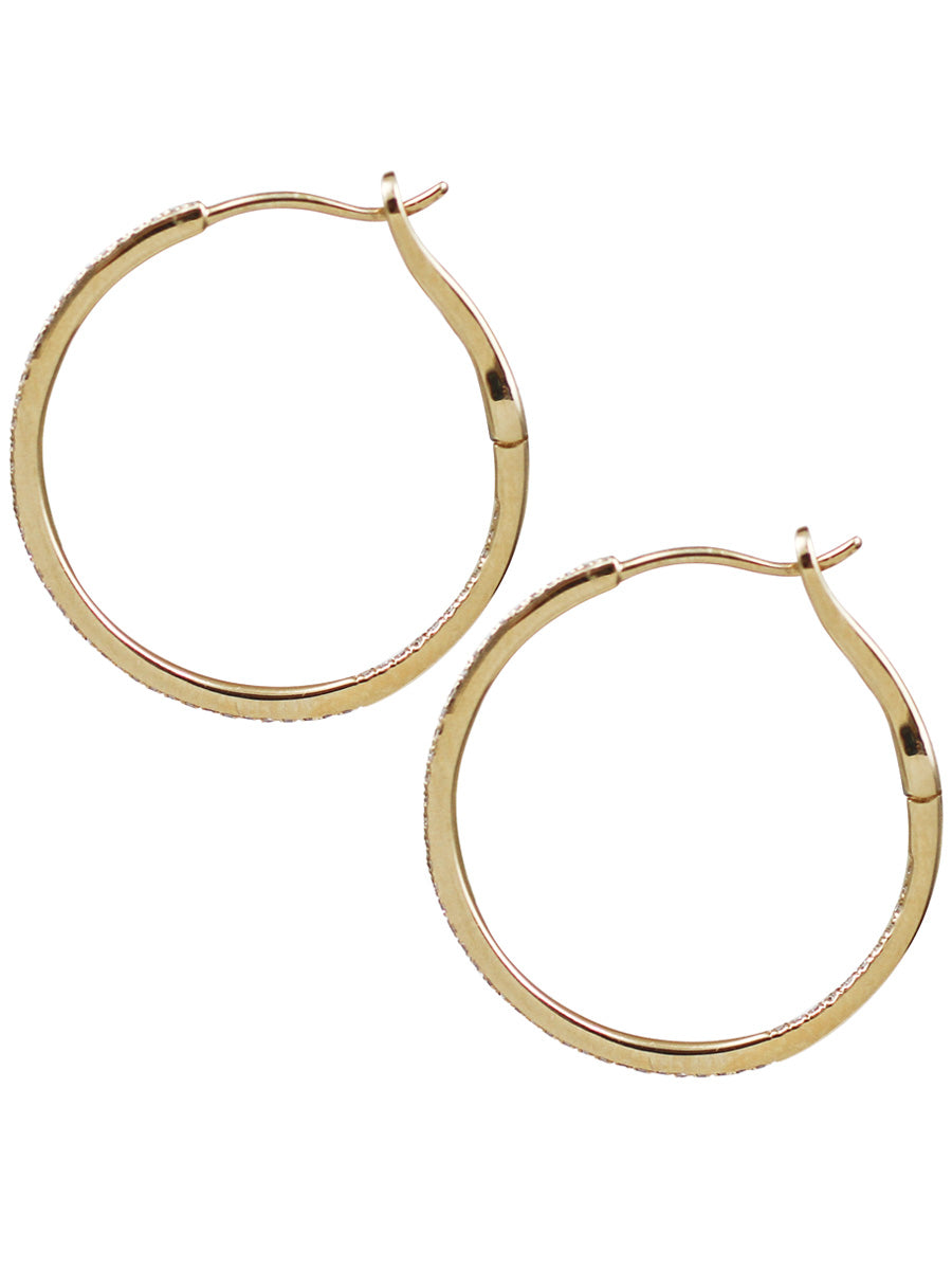 14K Diamond Thin Round Hoops - 1 Inch