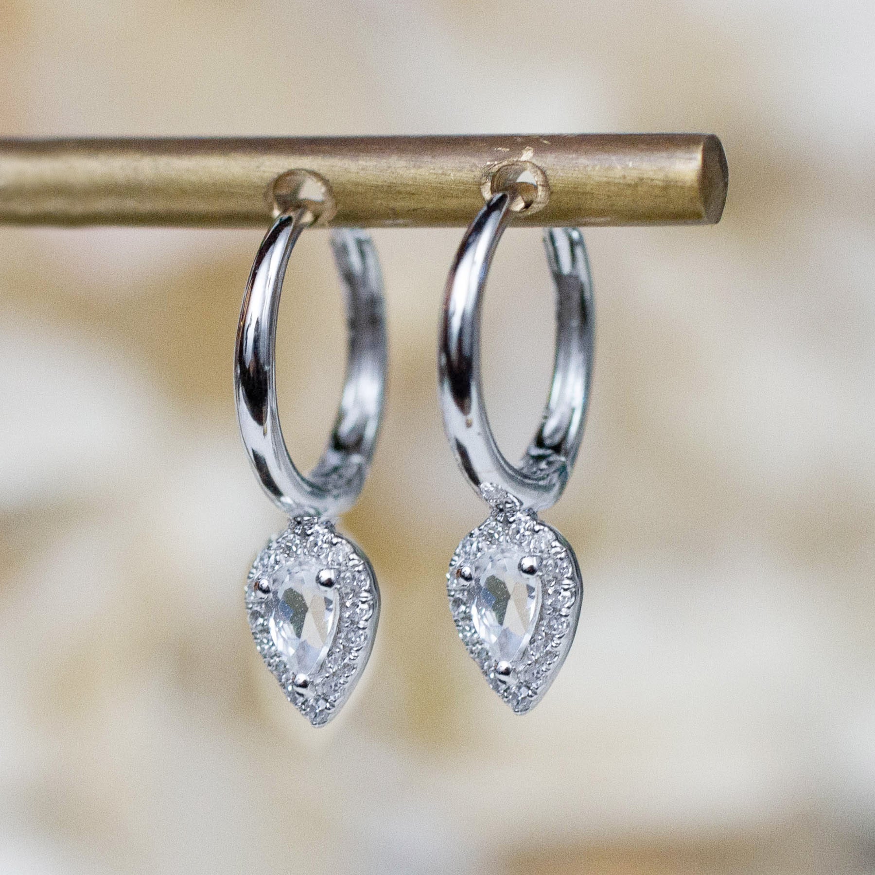 14K Diamond & White Topaz Teardrop Huggie Hoops