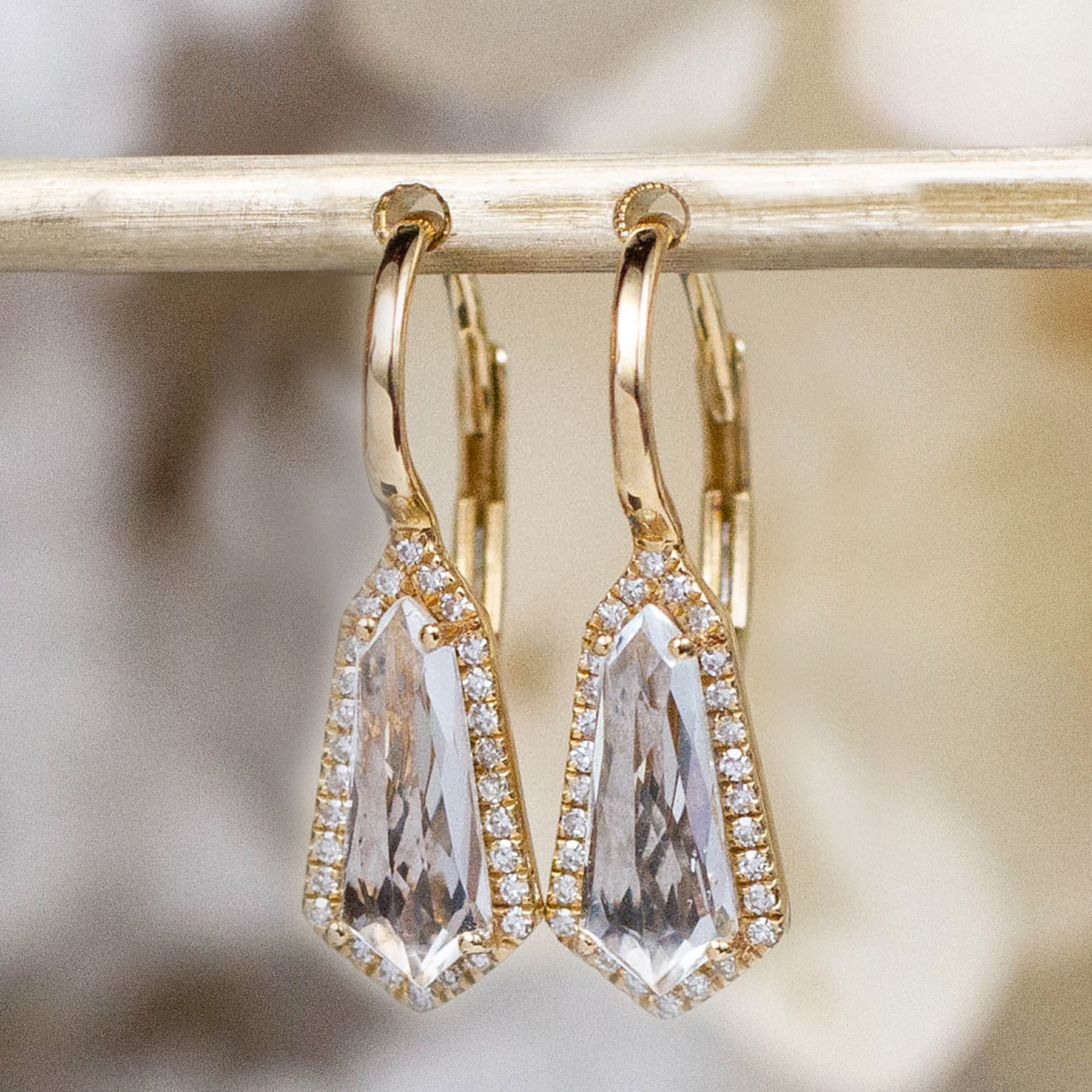 14K Diamond & White Topaz Geometric Huggie Hoops