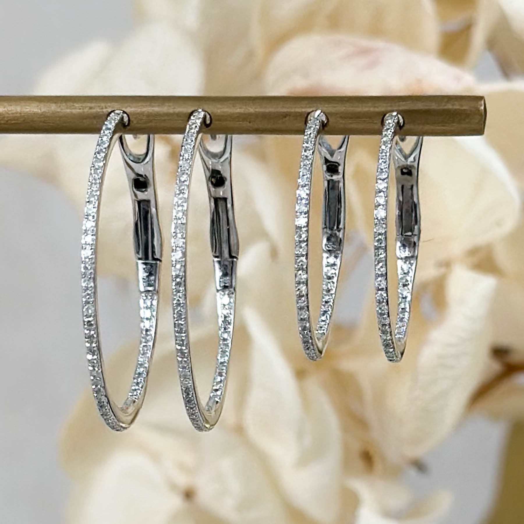 14K Diamond Thin Round Hoops - 1 Inch